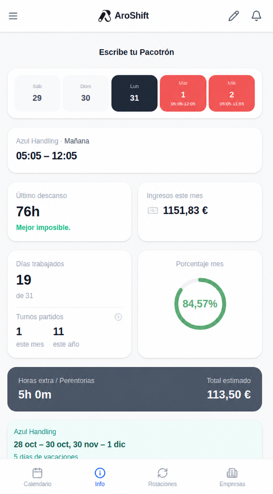Vista de horarios diarios en AroShift