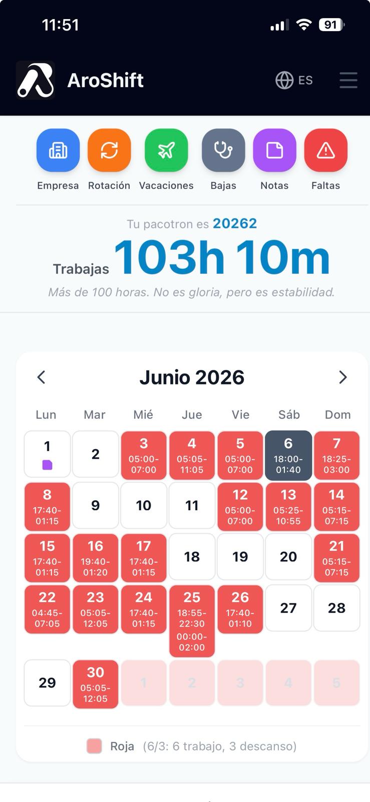 Calendario de turnos rotativos en AroShift