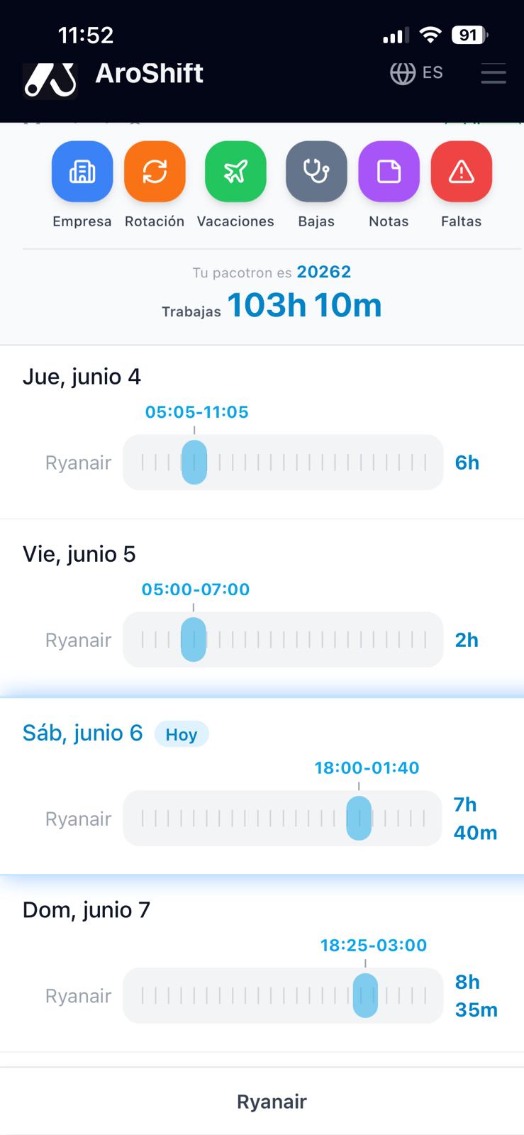 Vista de horarios diarios en AroShift